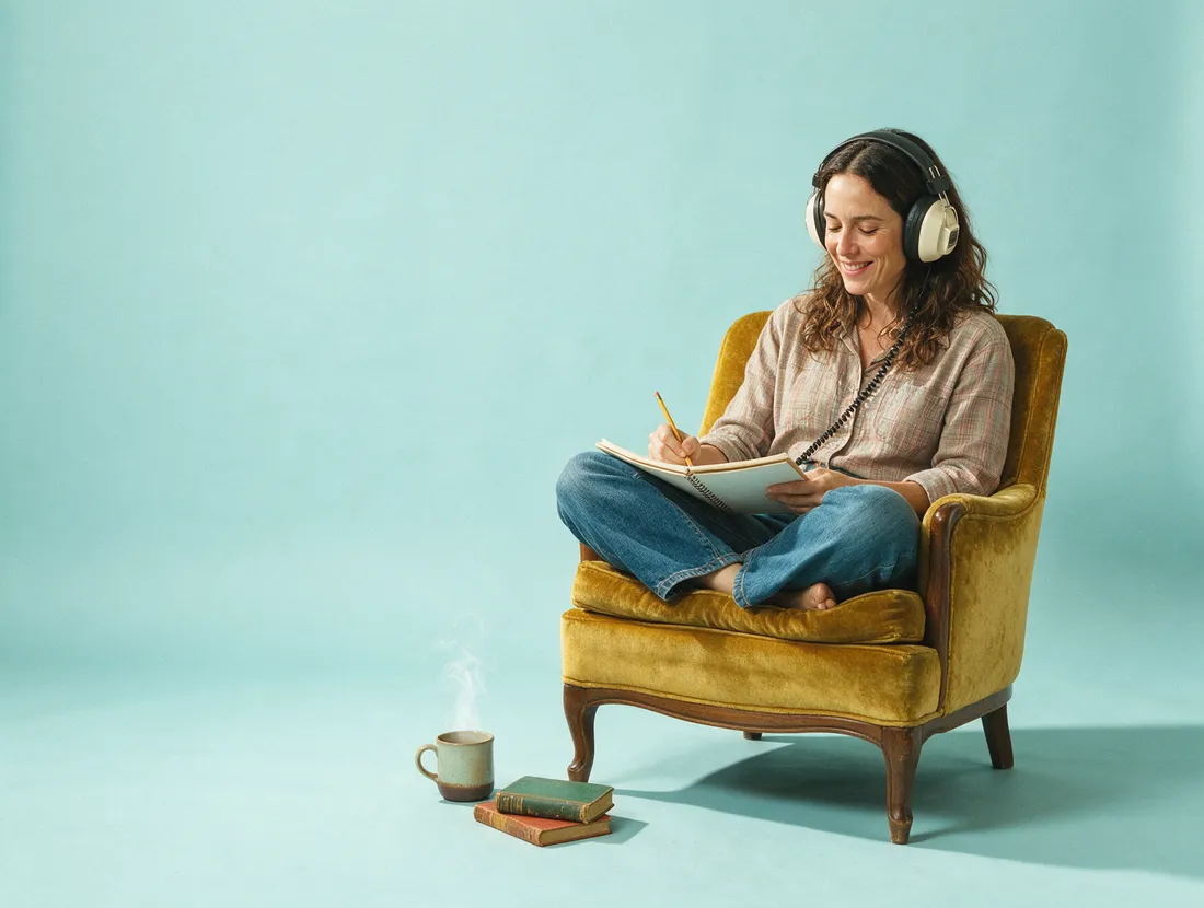 Mulher com fones retrô estudando numa poltrona