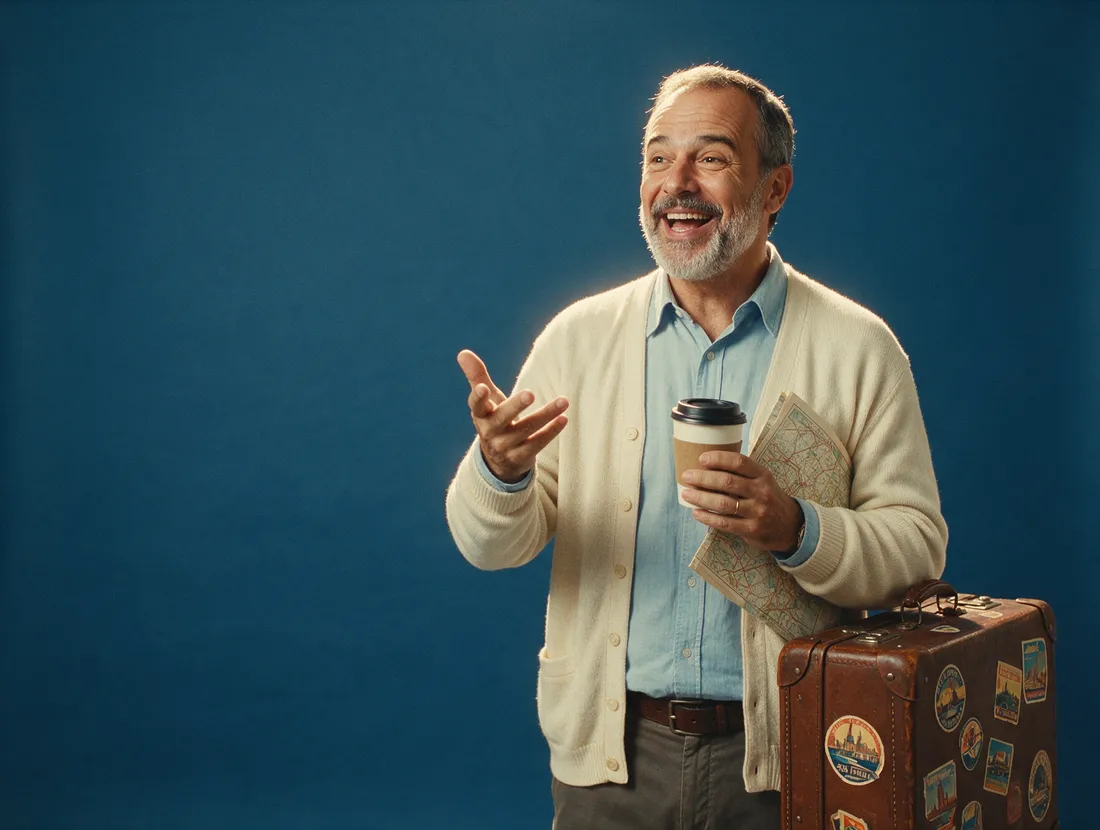 Homem sorridente com café, mapa e mala de viagem